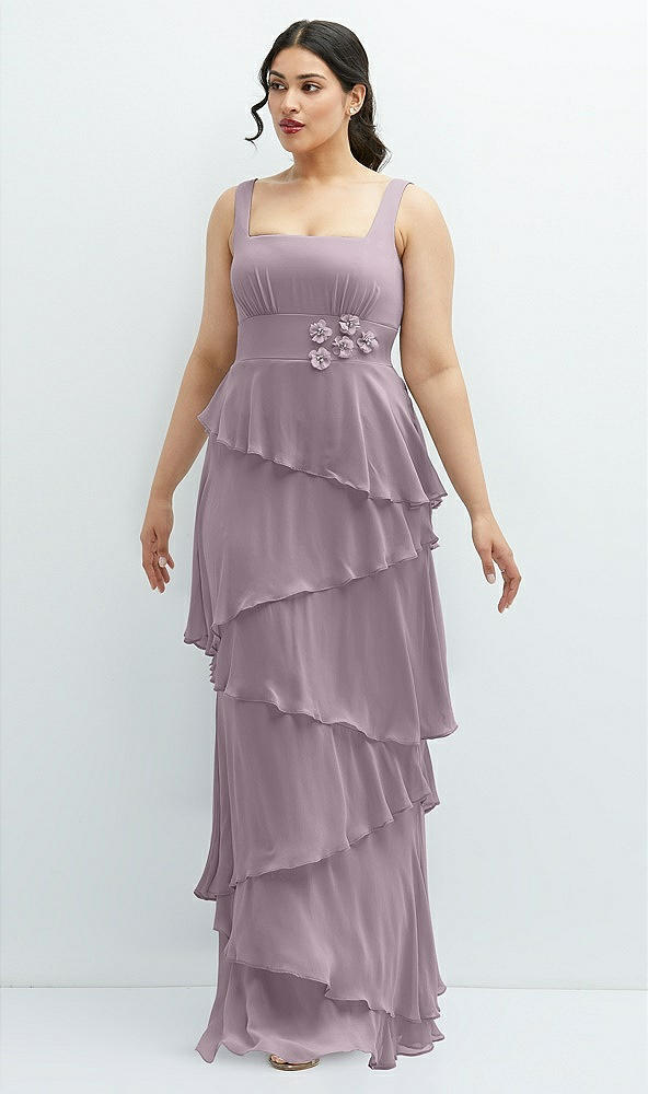 Front View - Lilac Dusk Asymmetrical Tiered Ruffle Chiffon Maxi Dress with Handworked Flowers Detail