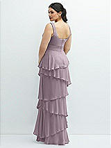Rear View Thumbnail - Lilac Dusk Asymmetrical Tiered Ruffle Chiffon Maxi Dress with Handworked Flowers Detail