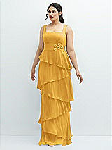 Front View Thumbnail - NYC Yellow Asymmetrical Tiered Ruffle Chiffon Maxi Dress with Handworked Flowers Detail