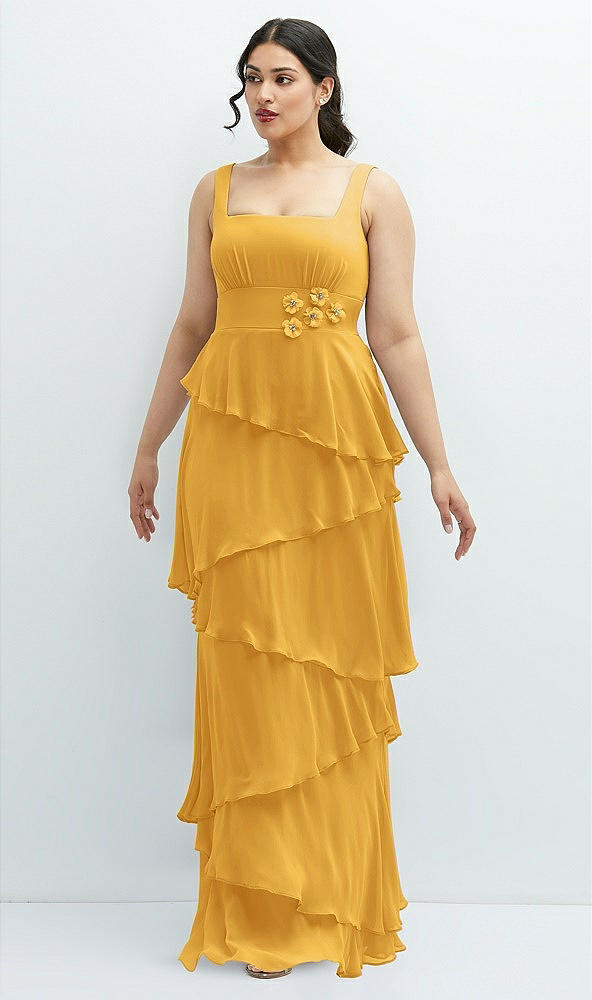 Front View - NYC Yellow Asymmetrical Tiered Ruffle Chiffon Maxi Dress with Handworked Flowers Detail