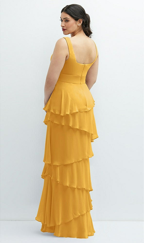 Back View - NYC Yellow Asymmetrical Tiered Ruffle Chiffon Maxi Dress with Handworked Flowers Detail