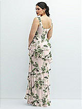 Rear View Thumbnail - Palm Beach Print Asymmetrical Tiered Ruffle Chiffon Maxi Dress with Handworked Flowers Detail