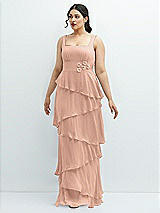 Front View Thumbnail - Pale Peach Asymmetrical Tiered Ruffle Chiffon Maxi Dress with Handworked Flowers Detail