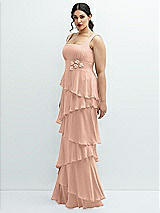 Side View Thumbnail - Pale Peach Asymmetrical Tiered Ruffle Chiffon Maxi Dress with Handworked Flowers Detail