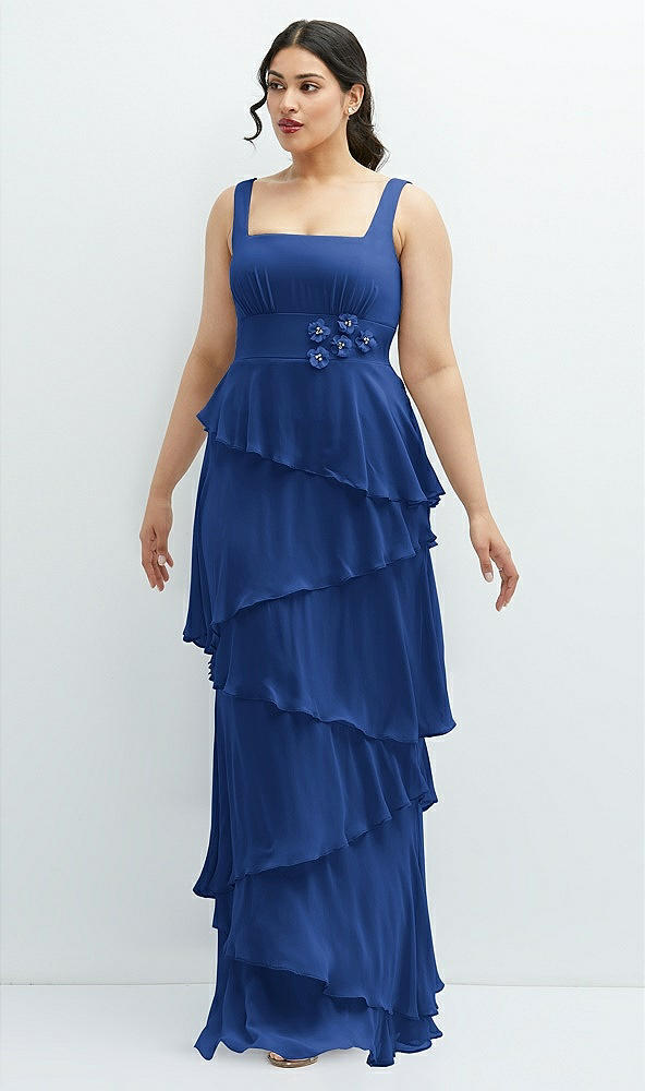 Front View - Classic Blue Asymmetrical Tiered Ruffle Chiffon Maxi Dress with Handworked Flowers Detail