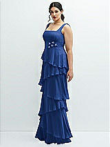 Side View Thumbnail - Classic Blue Asymmetrical Tiered Ruffle Chiffon Maxi Dress with Handworked Flowers Detail