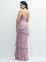 Rear View Thumbnail - Suede Rose Asymmetrical Tiered Ruffle Chiffon Maxi Dress with Handworked Flowers Detail