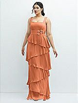 Front View Thumbnail - Sweet Melon Asymmetrical Tiered Ruffle Chiffon Maxi Dress with Handworked Flowers Detail