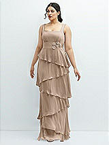Front View Thumbnail - Topaz Asymmetrical Tiered Ruffle Chiffon Maxi Dress with Handworked Flowers Detail
