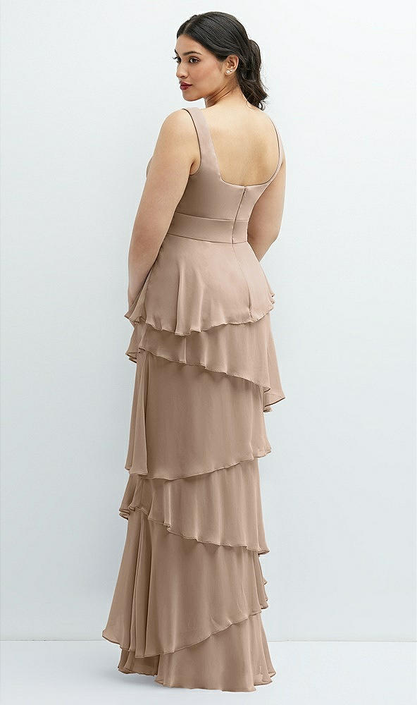 Back View - Topaz Asymmetrical Tiered Ruffle Chiffon Maxi Dress with Handworked Flowers Detail