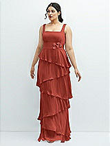 Front View Thumbnail - Amber Sunset Asymmetrical Tiered Ruffle Chiffon Maxi Dress with Handworked Flowers Detail