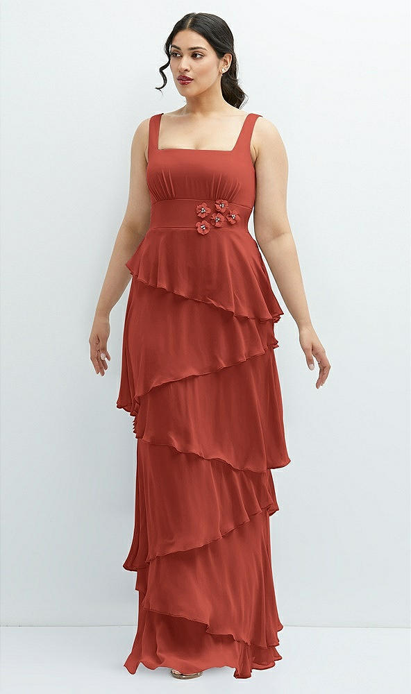Front View - Amber Sunset Asymmetrical Tiered Ruffle Chiffon Maxi Dress with Handworked Flowers Detail
