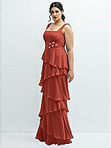 Side View Thumbnail - Amber Sunset Asymmetrical Tiered Ruffle Chiffon Maxi Dress with Handworked Flowers Detail