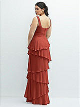 Rear View Thumbnail - Amber Sunset Asymmetrical Tiered Ruffle Chiffon Maxi Dress with Handworked Flowers Detail