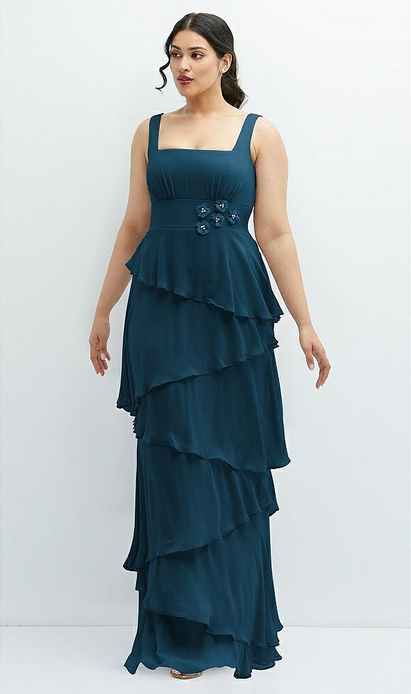 Front View - Atlantic Blue Asymmetrical Tiered Ruffle Chiffon Maxi Dress with Handworked Flowers Detail