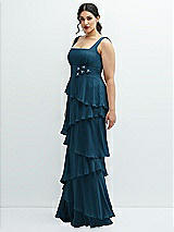 Side View Thumbnail - Atlantic Blue Asymmetrical Tiered Ruffle Chiffon Maxi Dress with Handworked Flowers Detail