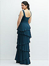 Rear View Thumbnail - Atlantic Blue Asymmetrical Tiered Ruffle Chiffon Maxi Dress with Handworked Flowers Detail