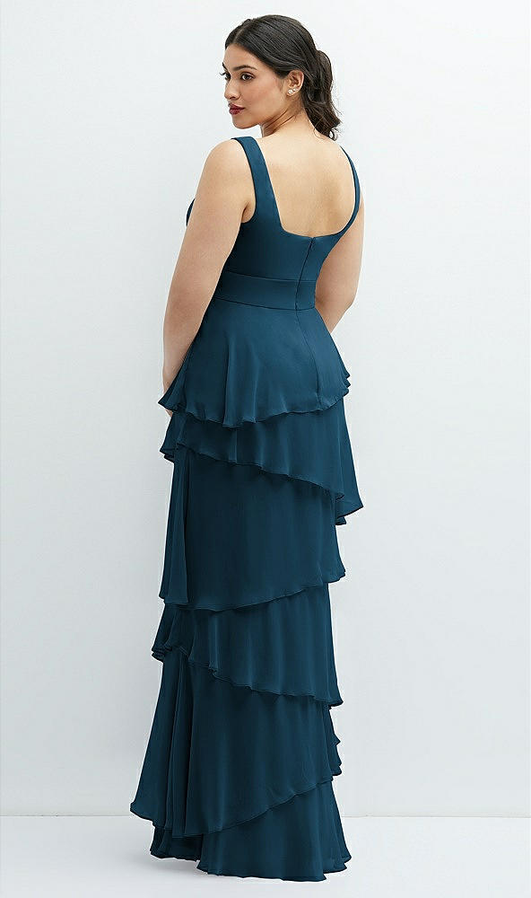 Back View - Atlantic Blue Asymmetrical Tiered Ruffle Chiffon Maxi Dress with Handworked Flowers Detail
