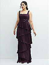 Front View Thumbnail - Aubergine Asymmetrical Tiered Ruffle Chiffon Maxi Dress with Handworked Flowers Detail