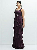 Side View Thumbnail - Aubergine Asymmetrical Tiered Ruffle Chiffon Maxi Dress with Handworked Flowers Detail