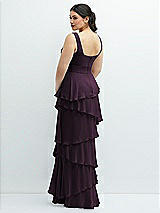 Rear View Thumbnail - Aubergine Asymmetrical Tiered Ruffle Chiffon Maxi Dress with Handworked Flowers Detail