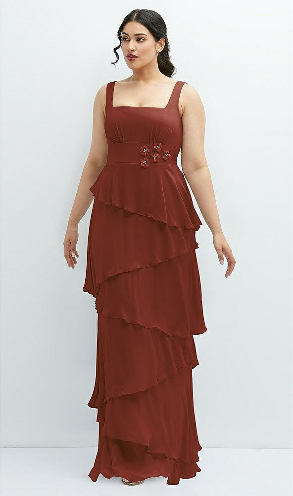 Front View - Auburn Moon Asymmetrical Tiered Ruffle Chiffon Maxi Dress with Handworked Flowers Detail
