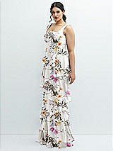Side View Thumbnail - Butterfly Botanica Ivory Asymmetrical Tiered Ruffle Chiffon Maxi Dress with Handworked Flowers Detail