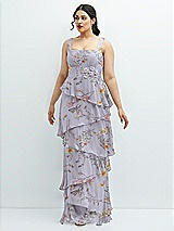 Front View Thumbnail - Butterfly Botanica Silver Dove Asymmetrical Tiered Ruffle Chiffon Maxi Dress with Handworked Flowers Detail