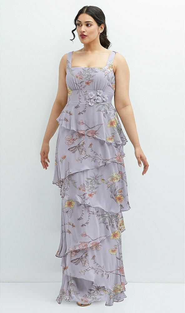 Front View - Butterfly Botanica Silver Dove Asymmetrical Tiered Ruffle Chiffon Maxi Dress with Handworked Flowers Detail