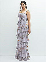 Side View Thumbnail - Butterfly Botanica Silver Dove Asymmetrical Tiered Ruffle Chiffon Maxi Dress with Handworked Flowers Detail