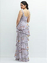 Rear View Thumbnail - Butterfly Botanica Silver Dove Asymmetrical Tiered Ruffle Chiffon Maxi Dress with Handworked Flowers Detail