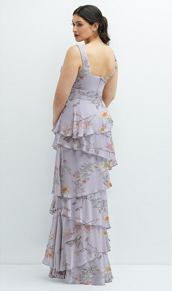 Back View - Butterfly Botanica Silver Dove Asymmetrical Tiered Ruffle Chiffon Maxi Dress with Handworked Flowers Detail