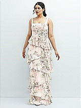 Front View Thumbnail - Blush Garden Asymmetrical Tiered Ruffle Chiffon Maxi Dress with Handworked Flowers Detail