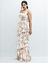 Side View Thumbnail - Blush Garden Asymmetrical Tiered Ruffle Chiffon Maxi Dress with Handworked Flowers Detail