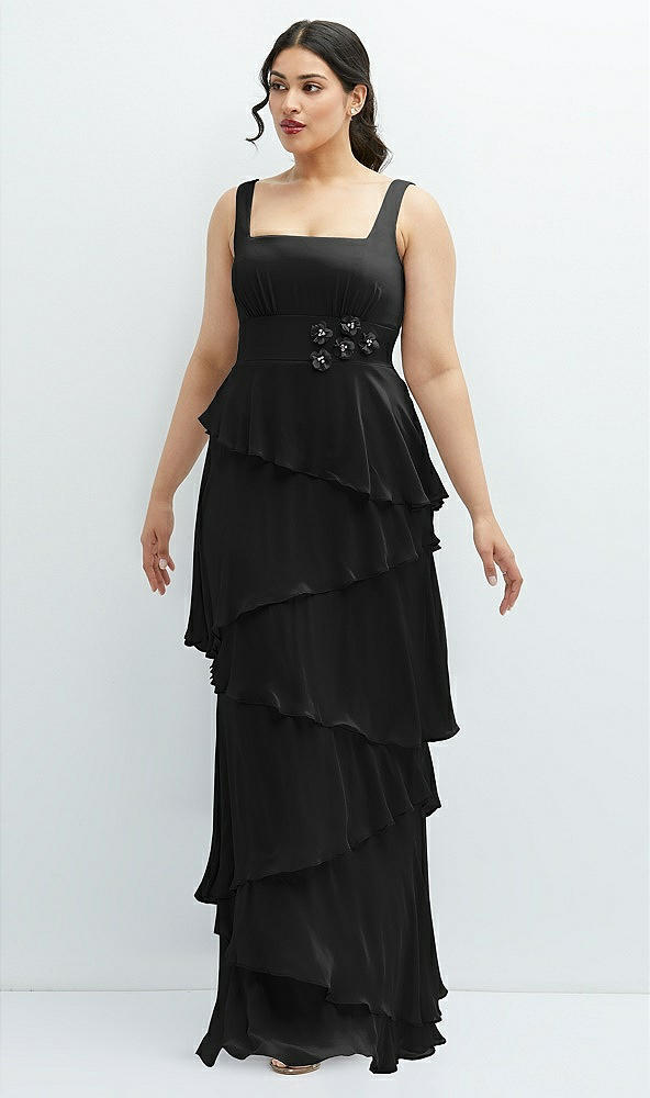 Front View - Black Asymmetrical Tiered Ruffle Chiffon Maxi Dress with Handworked Flowers Detail