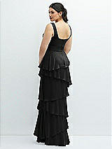 Rear View Thumbnail - Black Asymmetrical Tiered Ruffle Chiffon Maxi Dress with Handworked Flowers Detail
