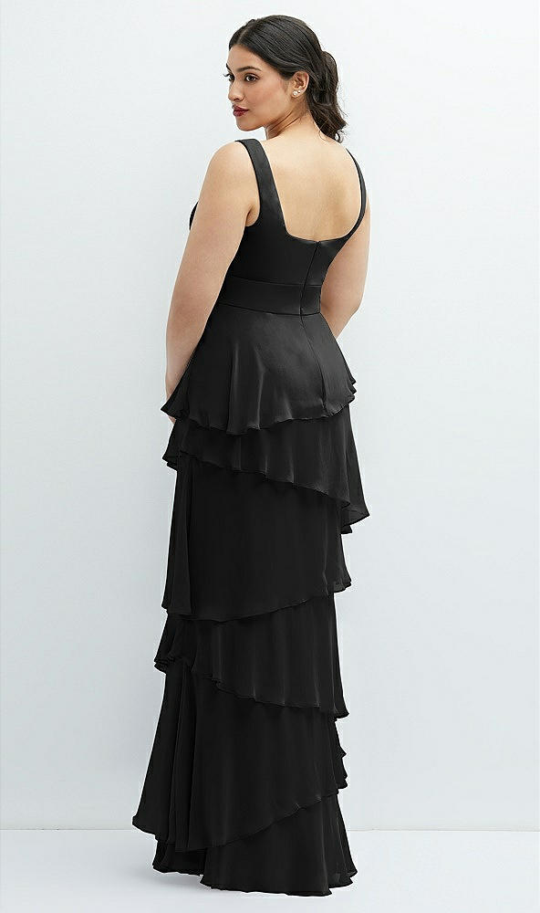 Back View - Black Asymmetrical Tiered Ruffle Chiffon Maxi Dress with Handworked Flowers Detail