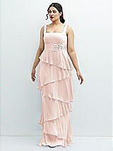 Front View Thumbnail - Blush Asymmetrical Tiered Ruffle Chiffon Maxi Dress with Handworked Flowers Detail