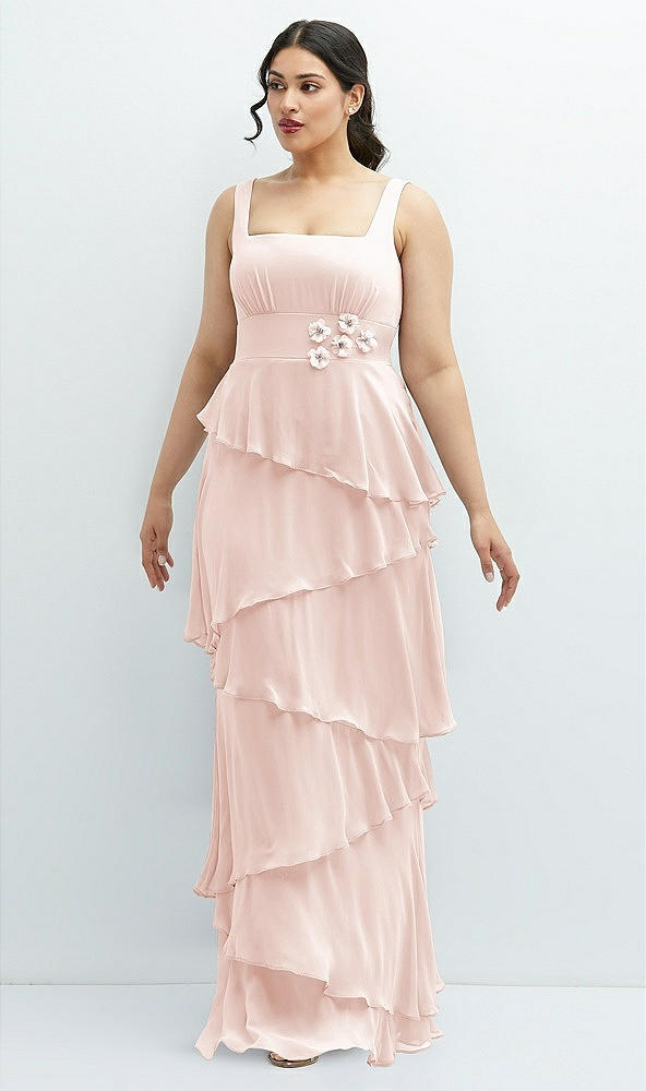 Front View - Blush Asymmetrical Tiered Ruffle Chiffon Maxi Dress with Handworked Flowers Detail