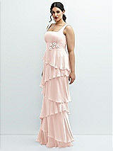 Side View Thumbnail - Blush Asymmetrical Tiered Ruffle Chiffon Maxi Dress with Handworked Flowers Detail