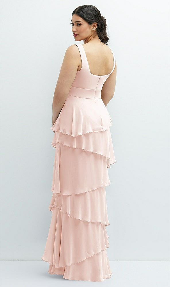 Back View - Blush Asymmetrical Tiered Ruffle Chiffon Maxi Dress with Handworked Flowers Detail