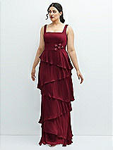 Front View Thumbnail - Burgundy Asymmetrical Tiered Ruffle Chiffon Maxi Dress with Handworked Flowers Detail