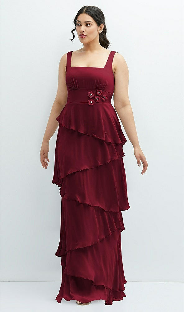 Front View - Burgundy Asymmetrical Tiered Ruffle Chiffon Maxi Dress with Handworked Flowers Detail