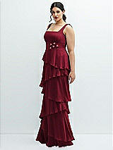 Side View Thumbnail - Burgundy Asymmetrical Tiered Ruffle Chiffon Maxi Dress with Handworked Flowers Detail