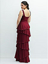Rear View Thumbnail - Burgundy Asymmetrical Tiered Ruffle Chiffon Maxi Dress with Handworked Flowers Detail