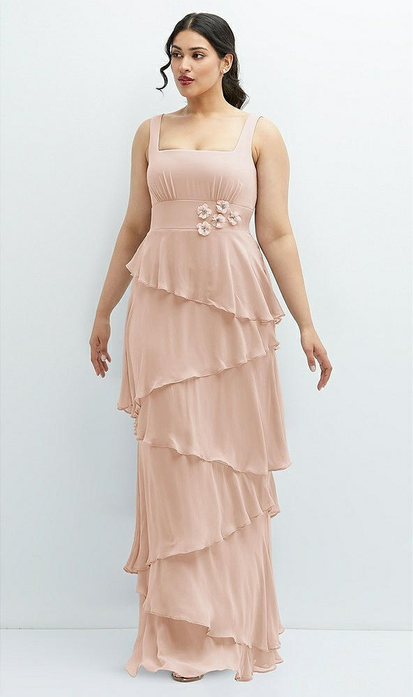 Front View - Cameo Asymmetrical Tiered Ruffle Chiffon Maxi Dress with Handworked Flowers Detail