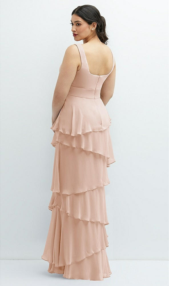 Back View - Cameo Asymmetrical Tiered Ruffle Chiffon Maxi Dress with Handworked Flowers Detail