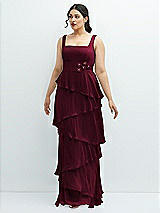 Front View Thumbnail - Cabernet Asymmetrical Tiered Ruffle Chiffon Maxi Dress with Handworked Flowers Detail
