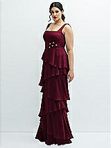 Side View Thumbnail - Cabernet Asymmetrical Tiered Ruffle Chiffon Maxi Dress with Handworked Flowers Detail