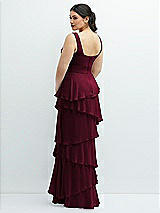 Rear View Thumbnail - Cabernet Asymmetrical Tiered Ruffle Chiffon Maxi Dress with Handworked Flowers Detail